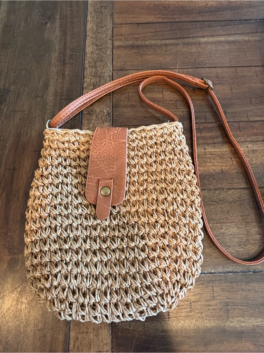 Woven Straw Crossbody Bag with Brown Trim